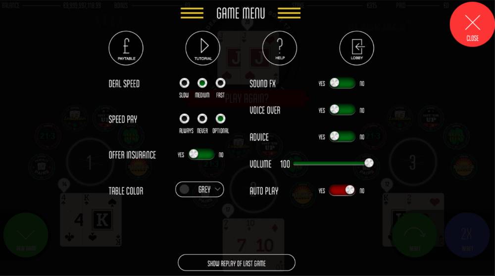 blackjack plus game menu